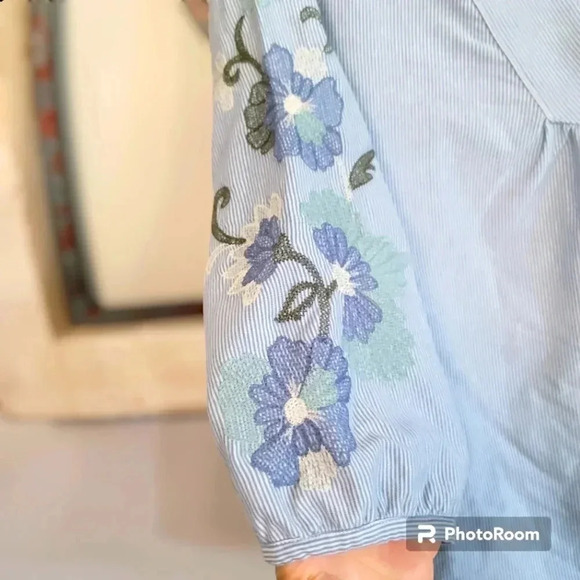 J Jill Top Size Large Blue White Striped Cotton Knit Embroidered Sleeves Sz PXS - Picture 3 of 4